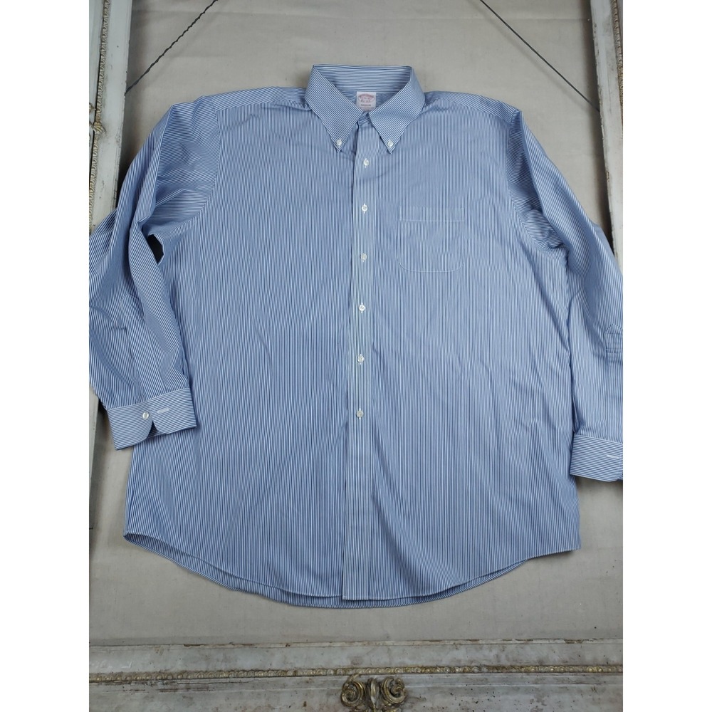 Brooks Brothers Madison Mens 17.5 35 Blue White Stripe Dress Shirt Non Iron